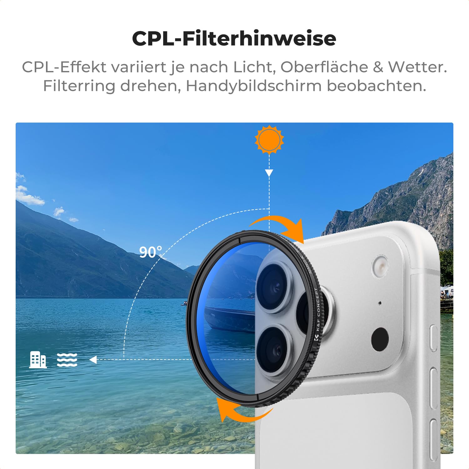 K&F CONCEPT 67mm Universeller Filterclip für Handy mit Druckknopf, kompatibel mit iPhone 16/15/14/13/12/11 Series/Samsung/Android Handys(einen CPL Filter der K Serie enthalten)