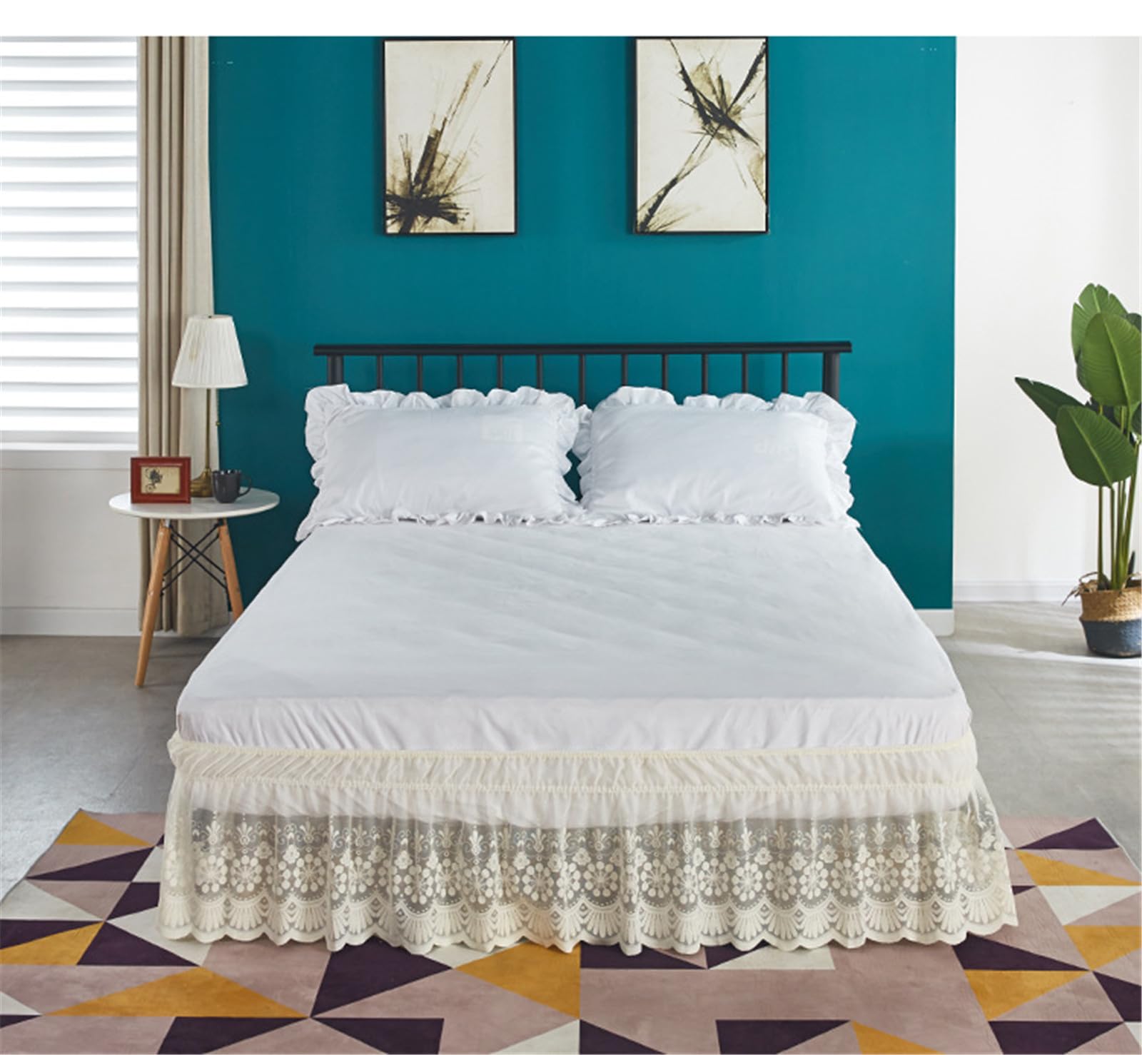 Hiseng Bed Skirt Twin Full Queen King Size 15 Inch Drop, Adjustable Elastic Bedskirt Pleated Lace Dust Ruffle Wrap Around Easy Fit Bed Skirts Bed