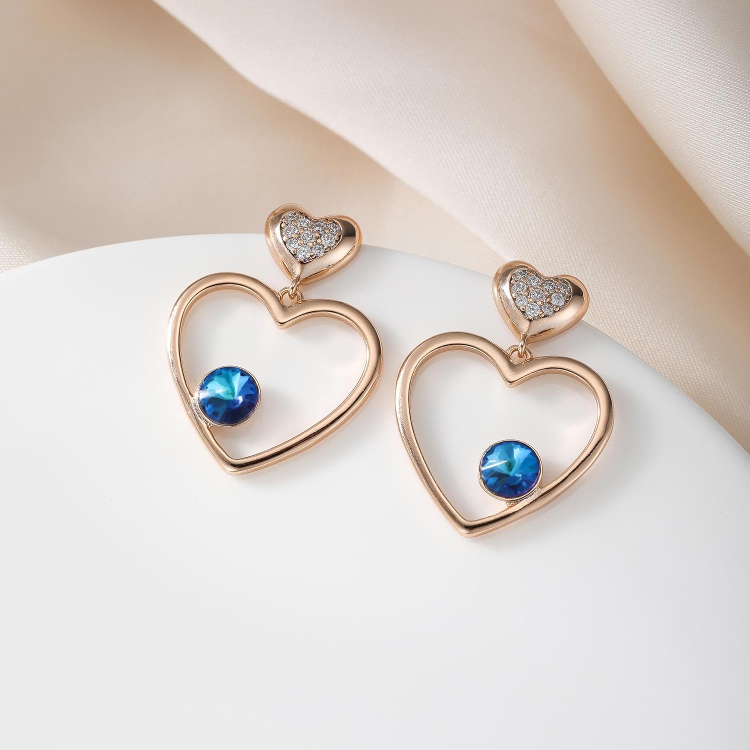 EVEVIC Austrian Crystal Double Gold Heart Dangle Earrings for Women 14K Gold Plated Hypoallergenic drop Earring Jewelry Gift - Image 3