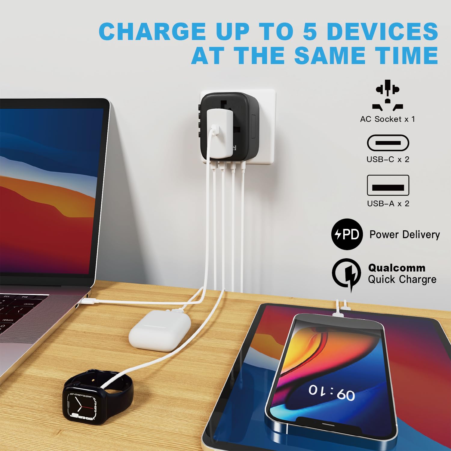 HAPOW - Adattatore da viaggio universale PD20W, adattatore di alimentazione internazionale, 2 USB-C e 2 USB-A, caricabatterie da viaggio a ricarica rapida, adattatore per presa da viaggio tutto il
