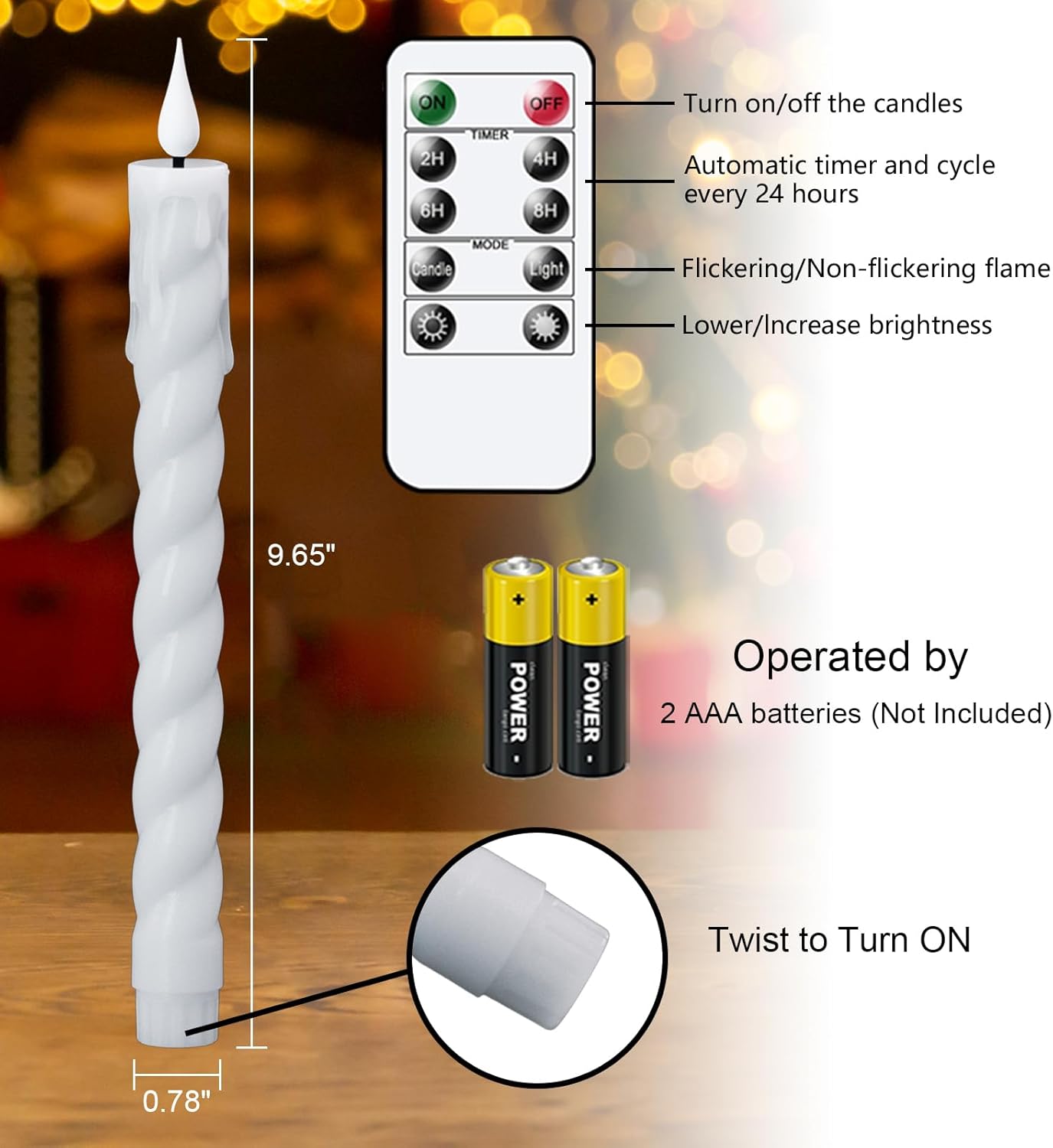 Wondise Flameless Taper Candles with Remote Timer, Battery Operated Dripless LED Candlesticks with 3D Wick Flickering Plastic Candles for Christmas Fireplace Wedding Decoration