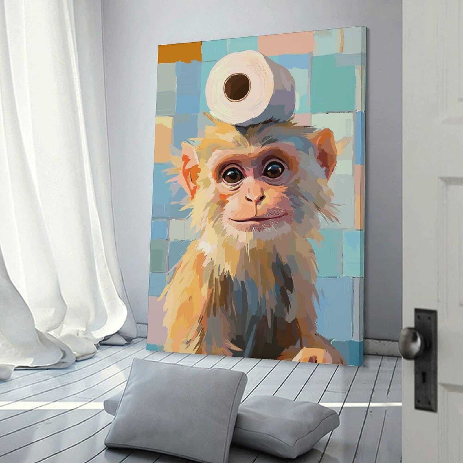 Junmoney Frame-Style-22 Monkey With Toilet Paper On Head Room Decor Wall Art 08X12inch(20X30cm), For Entrance Walls, Hall Decor Or Foyers, A Neat Decor Update For Hallways