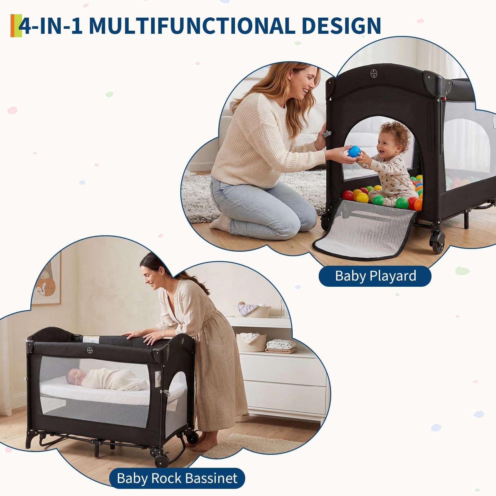 4-in-1 Babybett Schwarz: Beistellbett, Laufstall, Reisebett & Matratze