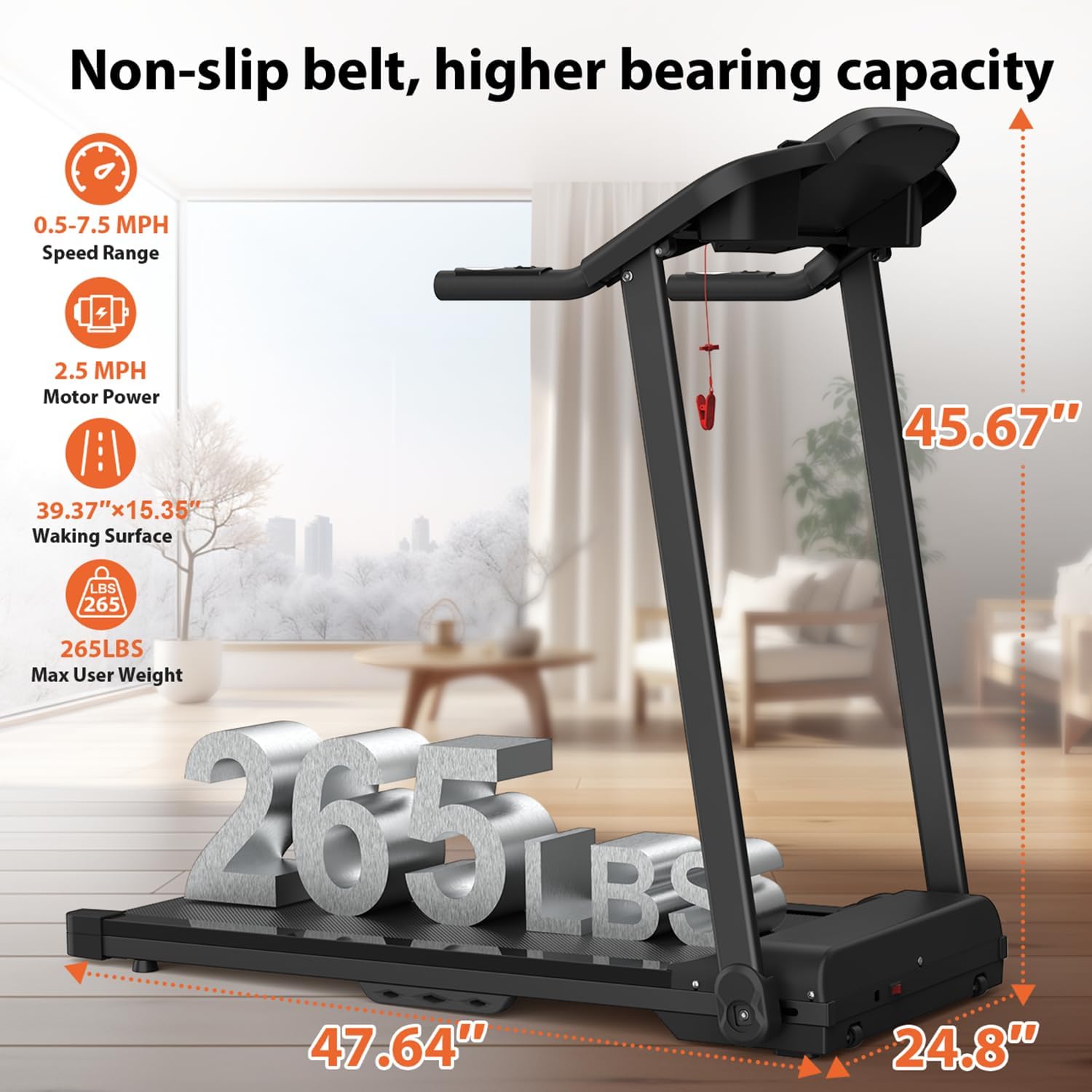 Compact Folding Treadmill with Incline for Home Workouts – Electric Walking Machine with 15 Adjustable Programs, 265 LB Capacity & MP3 Connectivity