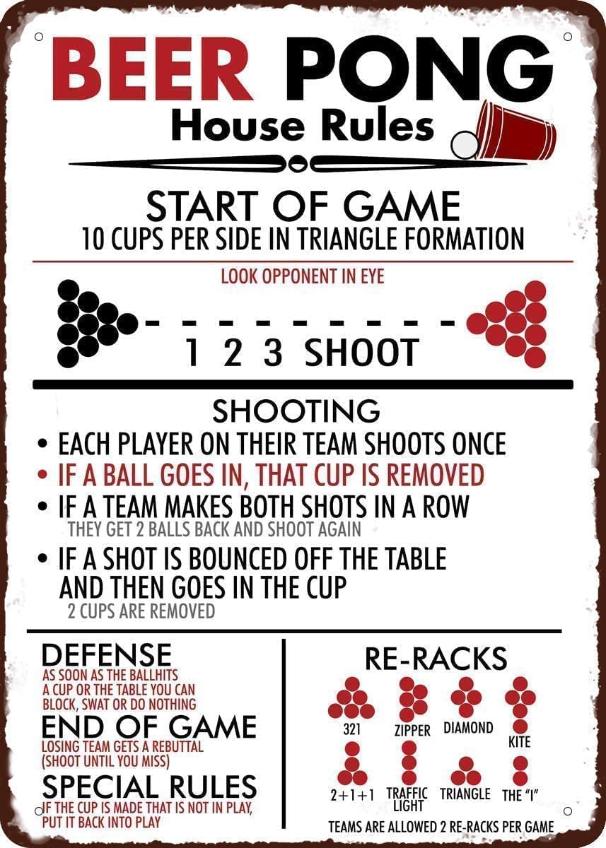 Beer Pong House Rules Tin Sign Wall Poster Decor Funny Retro Bar Coffee Pub Gift Wall Decor Sign 8x12 Inch