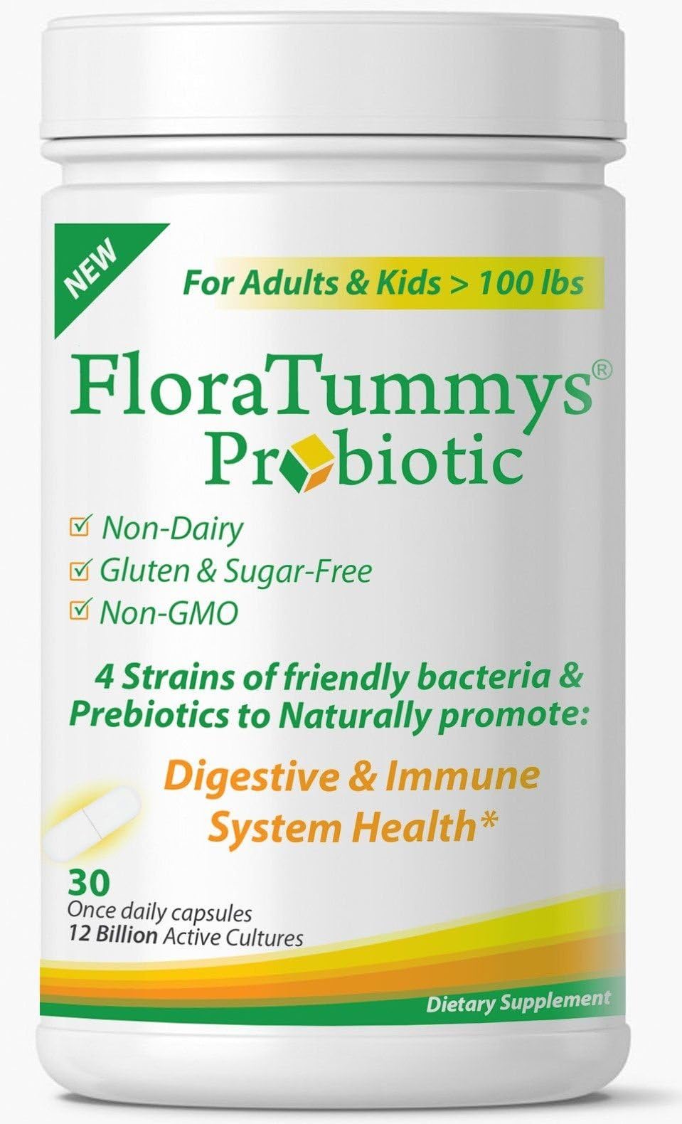 FloraTummys Best Probiotic for Women, Men and Kids. 12 Billion CFU, 4 Probiotic Strains, Prebiotics, Non-GMO, Kosher, Non-Dairy, Gluten Free, Sugar Free, Made in The USA