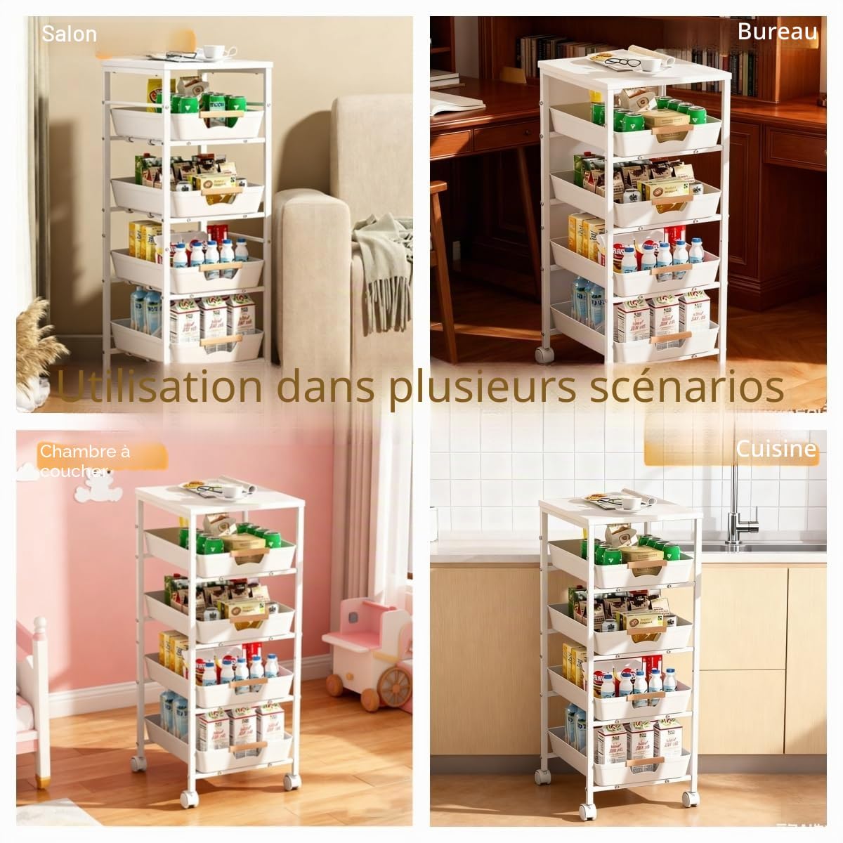 CarolynDesign Chariot utilitaire à 5 niveaux avec cadre en métal et dessus en bois, rangement multifonction à roulettes avec tiroirs coulissants pour cuisine, salon, salle de bain