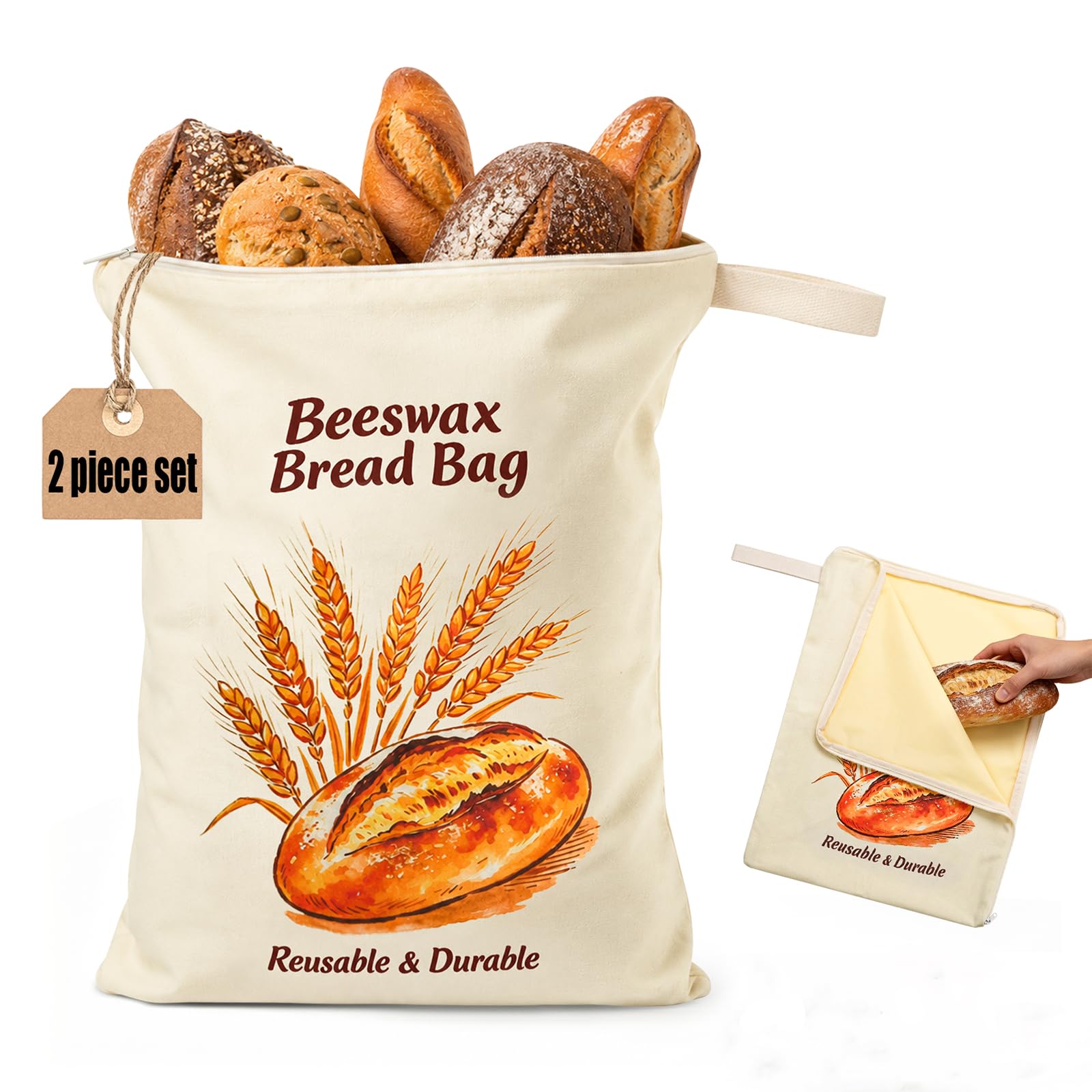 2 Pack Beeswax Bread Bag, Reusable Bread Storage Bags 43x32cm