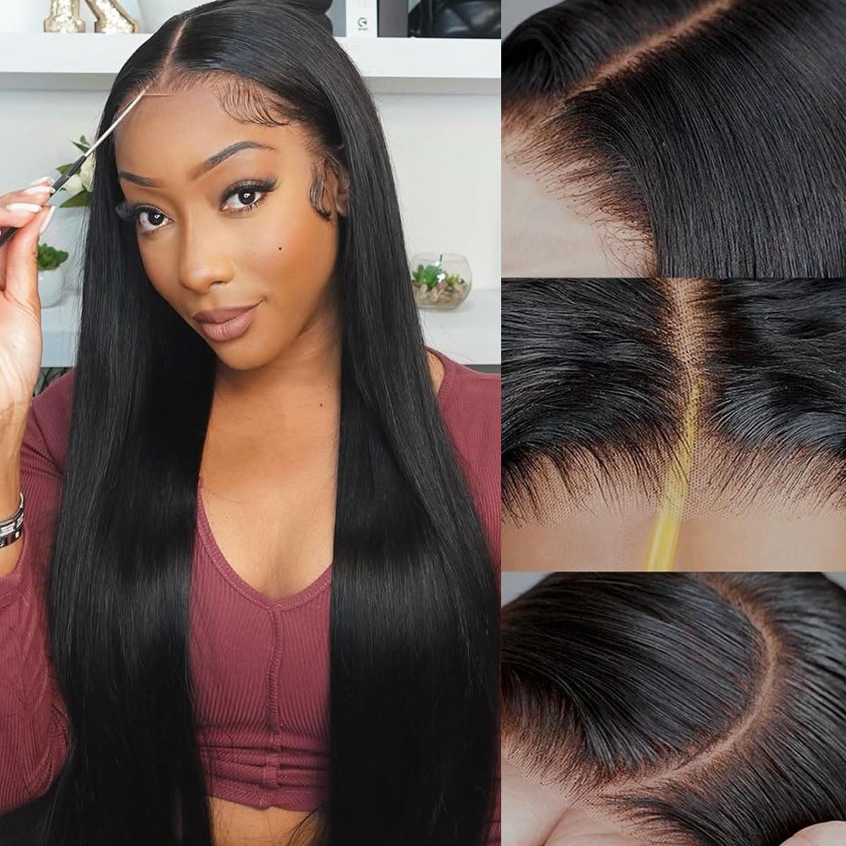 32in Dark Brown Glueless Front Lace Wig 5x5 Closure Long Straight Human Hair Amazon.com : ulovmly 5x5 HD Lace Closure Wigs Human Hair 24  main image 2