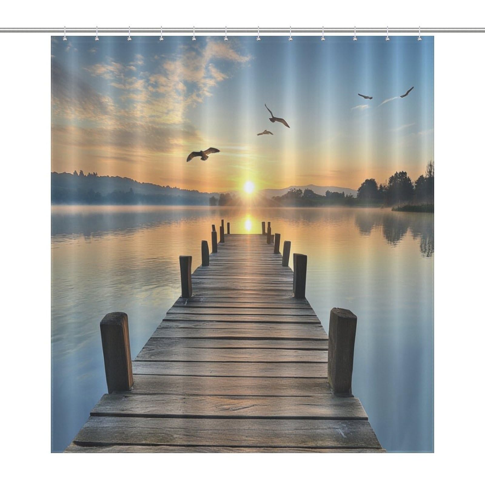 DIPQIMI Sunset Forest Natural Shower Curtain, Old Dock River Bathroom Decor Washable Shower Curtain Set with Hooks, 72x72 inch