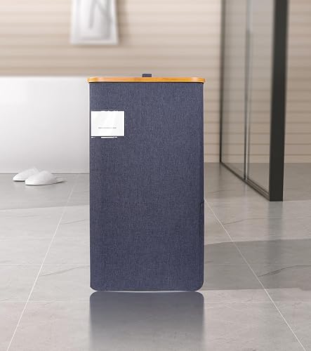 Miniatura 2 de ASKLENS Cesta de lavandería grande con tapa, cesta de lavandería alta de 100 litros con asas de bambú para ropa y juguetes, cesta de lavandería con