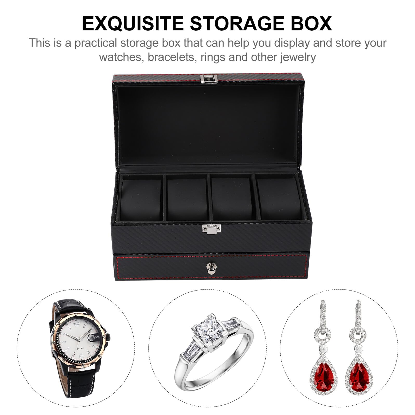 HEMOTON Boîte à Montres en Fibre de Carbone Noire Intérieur en Cuir Noir Coffret de Rangement pour Bijoux et Bagues Étui Compact pour Présentation et Protection Lors de Voyages