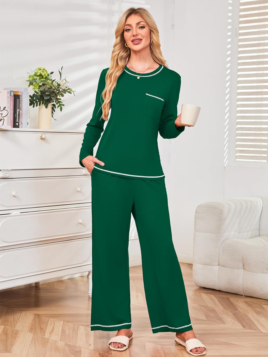 Besshopie Womens Pajamas Sets 2 Piece PJS Crewneck Long Sleeve Sleepwear Comfy Pants Lounge Set with Pockets - Image 9