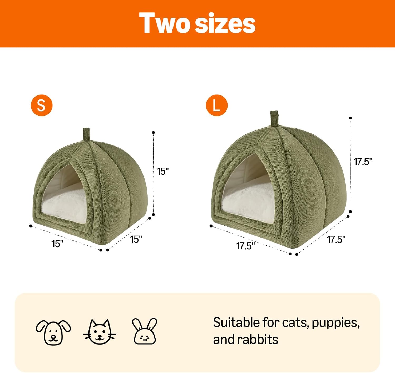 Amazon Basics Cat Cave Bed, 2-in-1 Foldable House for Indoor Cats, with Washable Cushion and Non-Slip Base, 15 x 15 Inches, Small, Green