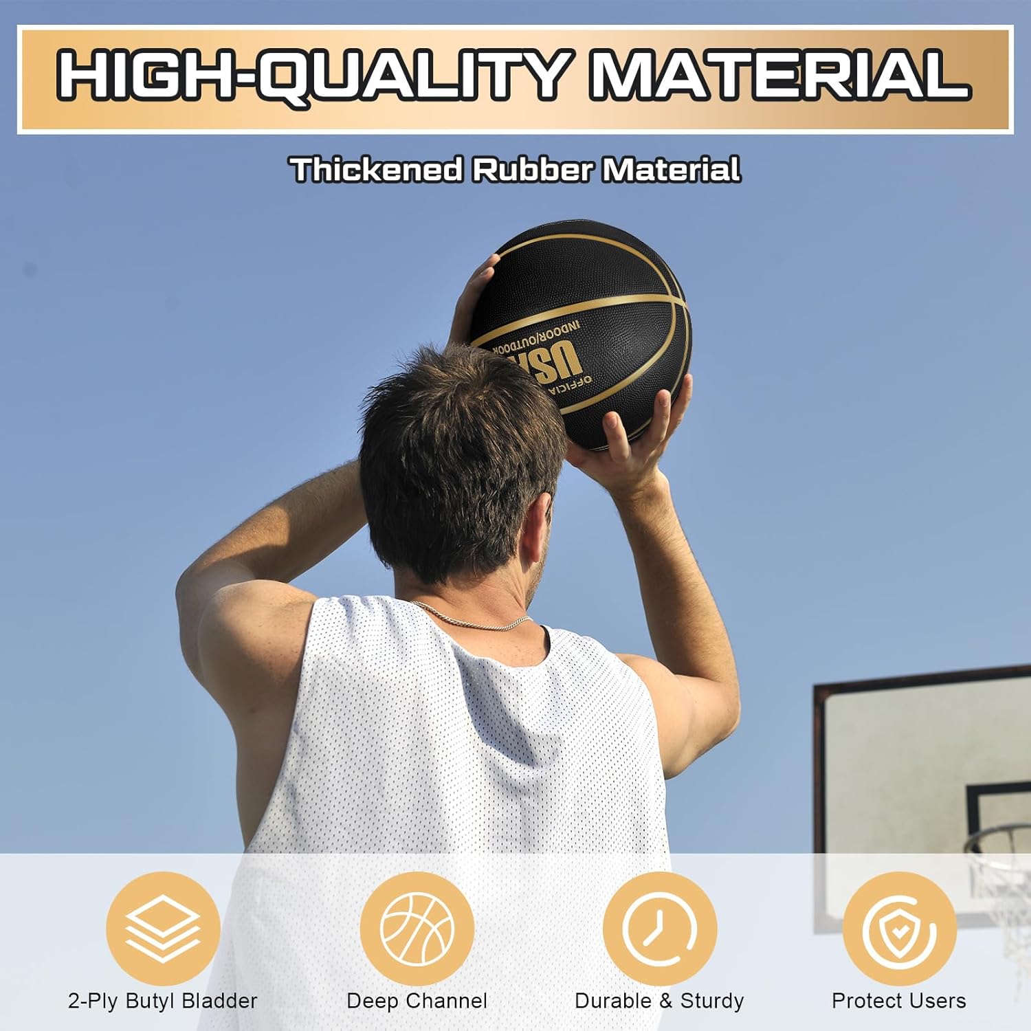Lenwen Official Size Basketball Size 7 Black Gold Printed Rubber Basketball with Pump for Indoor Outdoor Game Practice Training Youth Adults Back to School