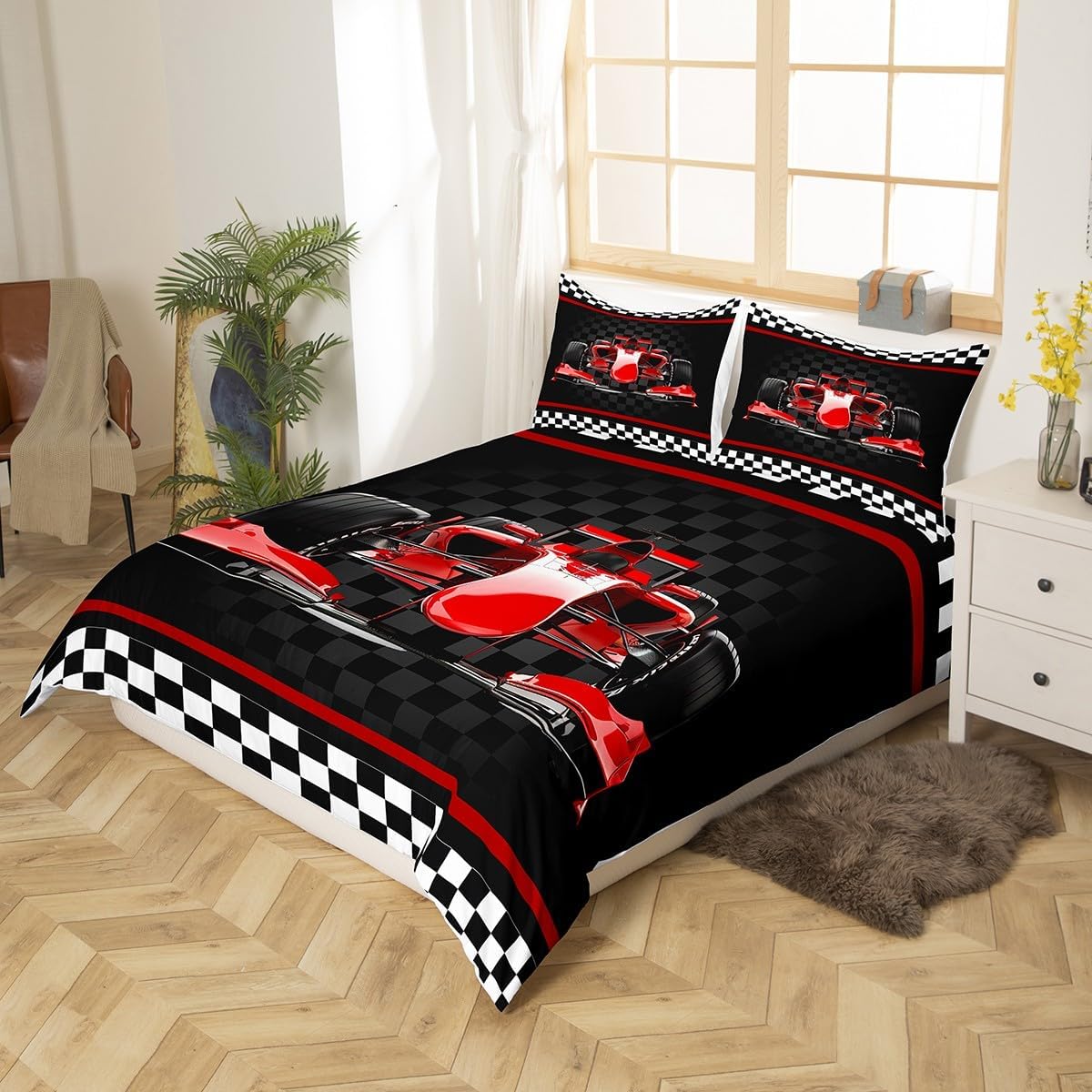 Red Stripes Geometric Grid Plaid Duvet Cover Set (Not Comforter) King Size,Extreme Sports Comforter Cover with 2 Pillowcases,3D Red Formula Car Bedding Set for Adult Young Bedroom Birthday Gifts