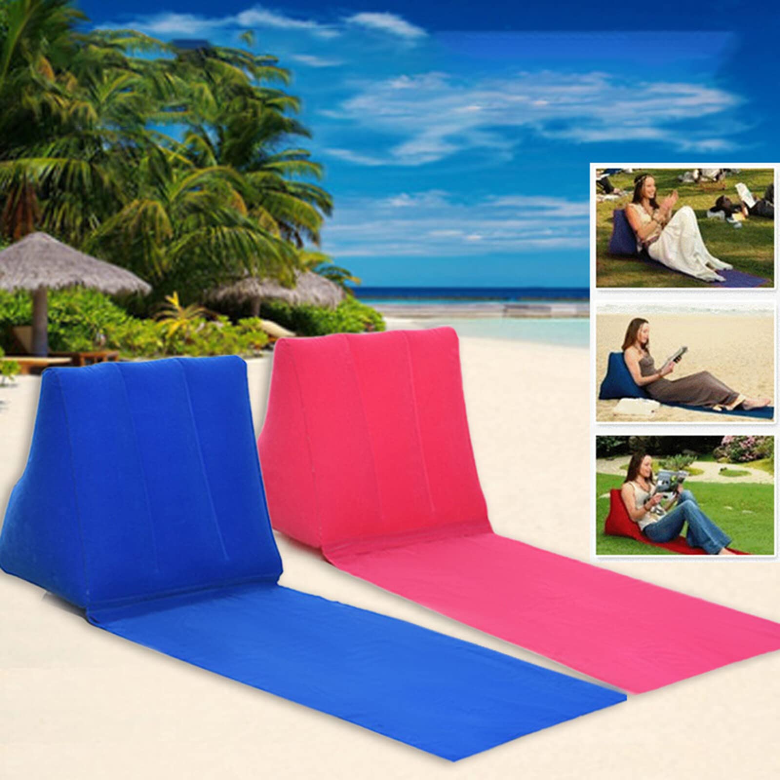 SOONHUA Cuscino gonfiabile per la schiena, portatile, reclinabile, a forma di cuneo, tappetino da spiaggia, pieghevole, impermeabile, per campeggio all'aperto (blu scuro)