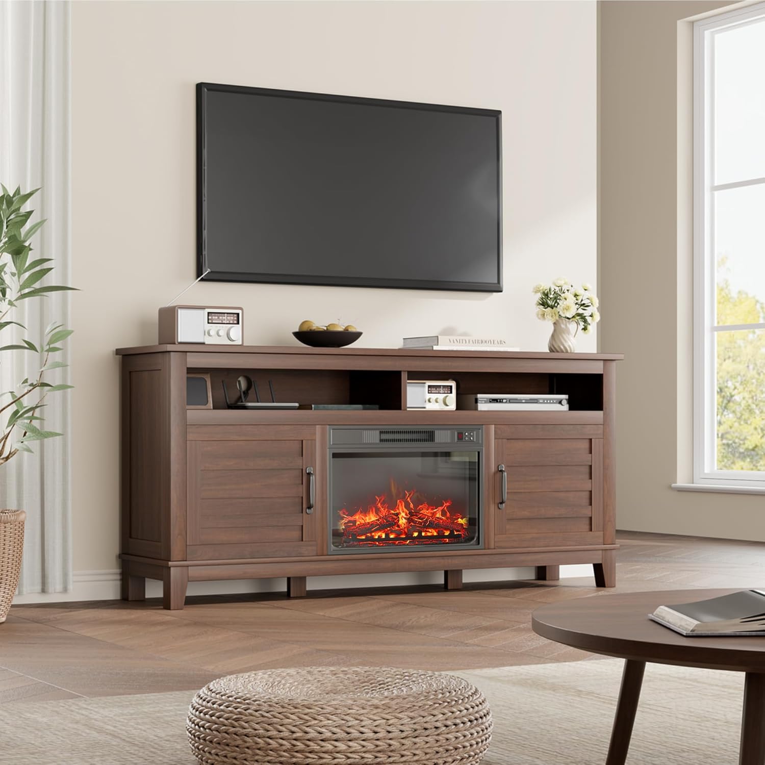 Garvee 63" Fireplace TV Stand, Entertainment Center with Electric Fireplace, Farmhouse TV Stand with Cabinet Doors,for Living Room, Bedroom, Brown