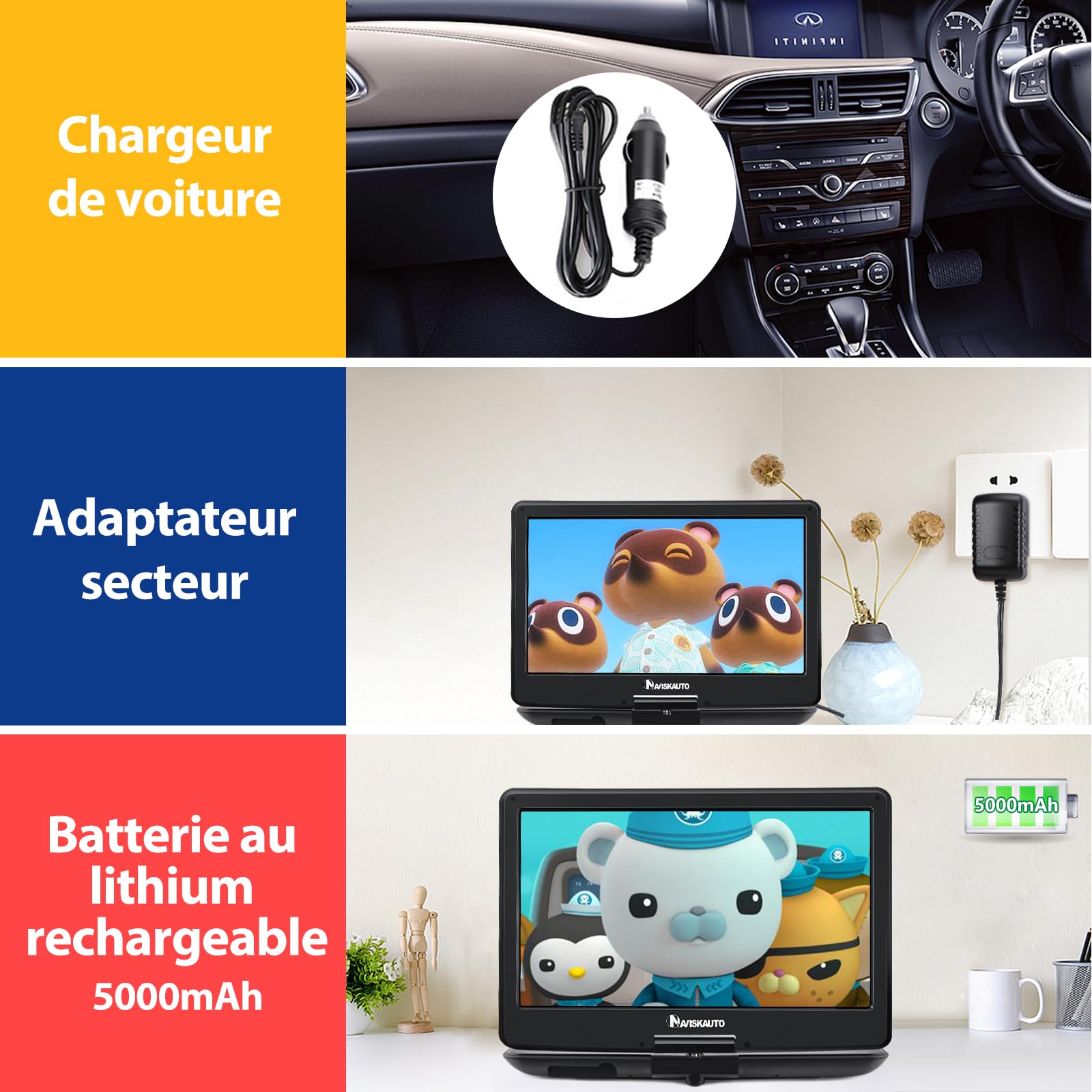 NAVISKAUTO 17,5'Lecteur DVD Portable Voiture, supporte HDMI Input, 1080P Vidéo Full HD, AV in/Out, Lecteur DVD Portable avec Sacoche de Transport Grand Ecran pour Enfant