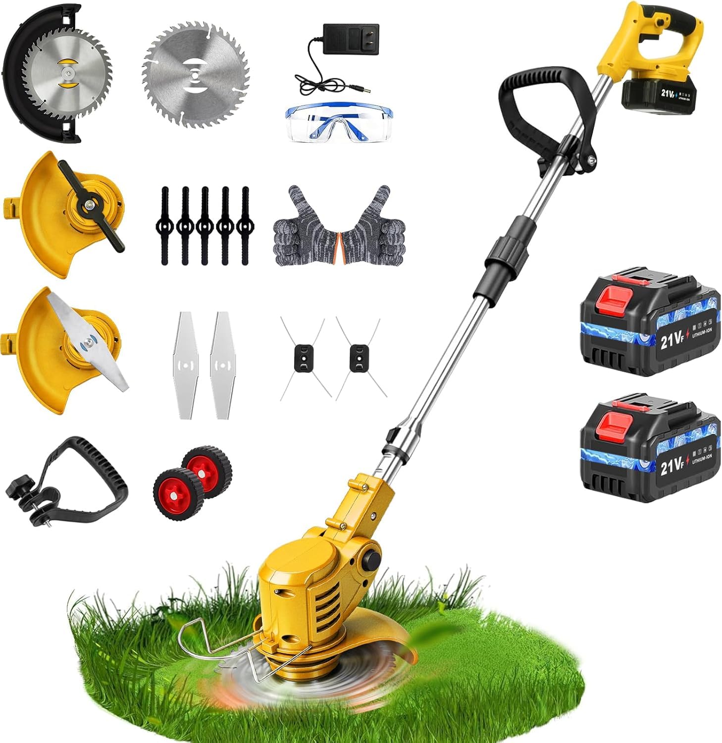 Cordless Weed Wacker with Wheels, 15000RPM 4-in-1 Battery Powered String Trimmer/Edger/Brush Cutter/Lawn Mower, 2 Batteries, 3 Blade Types, 7 LBS Lightweight Weed Eater for Seniors Women Large Yards