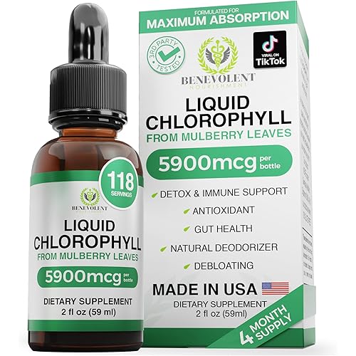 Benevolent Chlorophyll Liquid Drops with Copper for Max Absorption - 5900mg Concentrated Formula for Detox & Immune Support, Internal Deodorizer & Skin Health Supplement – Vegan, 118 Servings