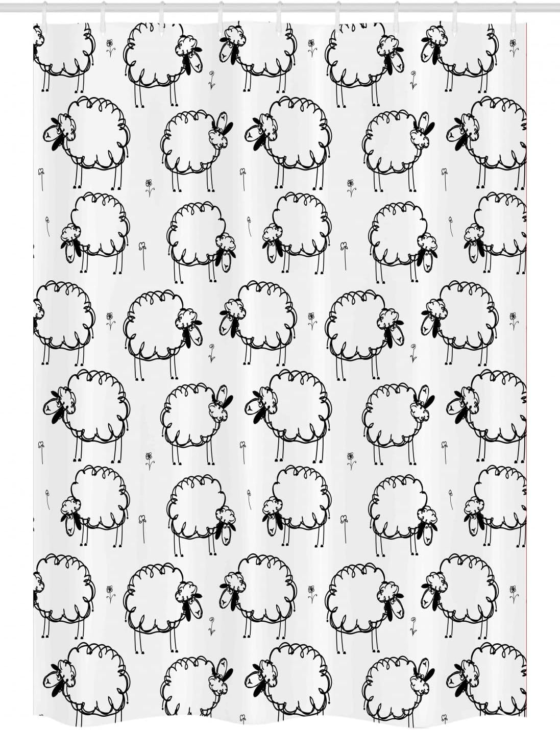 Ambesonne Funny Stall Shower Curtain, Humorous Sheep Patterns on Meadow Flower Comic Doodle Playroom Art Print, Fabric Bathroom Decor Set with Hooks, 54" W x 78" L, Charcoal Black
