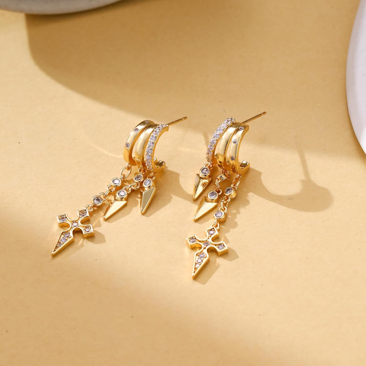 Gold Dangle Earrings for Women, 14k Gold Plated Stacked Triple Hoop Illusion Earrings Cubic Zirconia Huggie Earrings for Women Trendy - Image 8