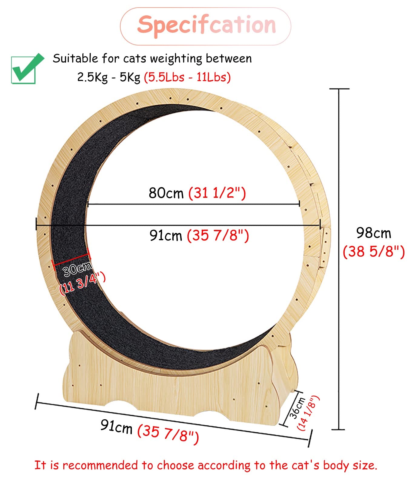 Tapis Roulant Silenzioso In Legno Con Ruota Per Esercizi Per Gatti Per Gatti Che Vivono In Casa, Ruota Per Criceti Silenziosa Anti-Pizzicamento Senza Spazi Vuoti Con Dis,Onecolor-M-80cm(31.5in)