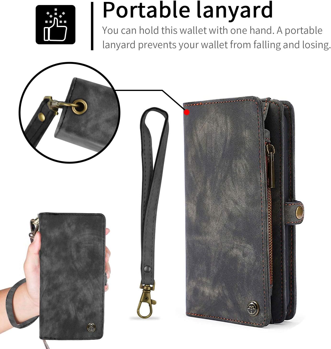 Simicoo Compatible with LG Stylo 5 Leather Wallet Zipper Purse Detachable Card Slots Holder Flip Case Magnetic Handle Wrist Strap Shockproof Cover Pocket Wallet Handbag for LG Stylo 5 (Black)