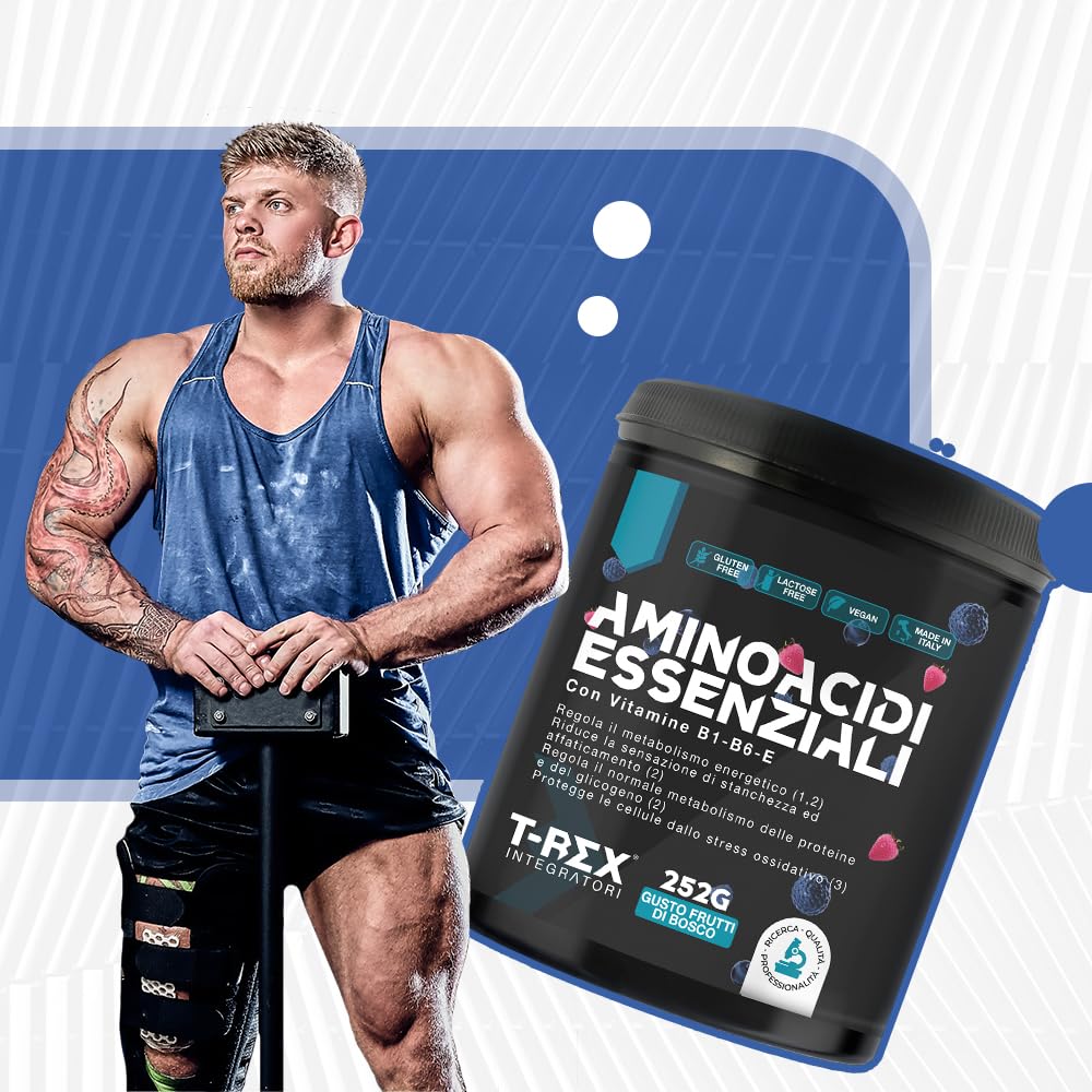 EAA Aminoacidi Essenziali con mix di vitamine B1, B6 ed E - Integratore di amminoacidi naturali vegan ottenuti da fermentazione T-Rex Integratori (Polvere, Frutti di Bosco)