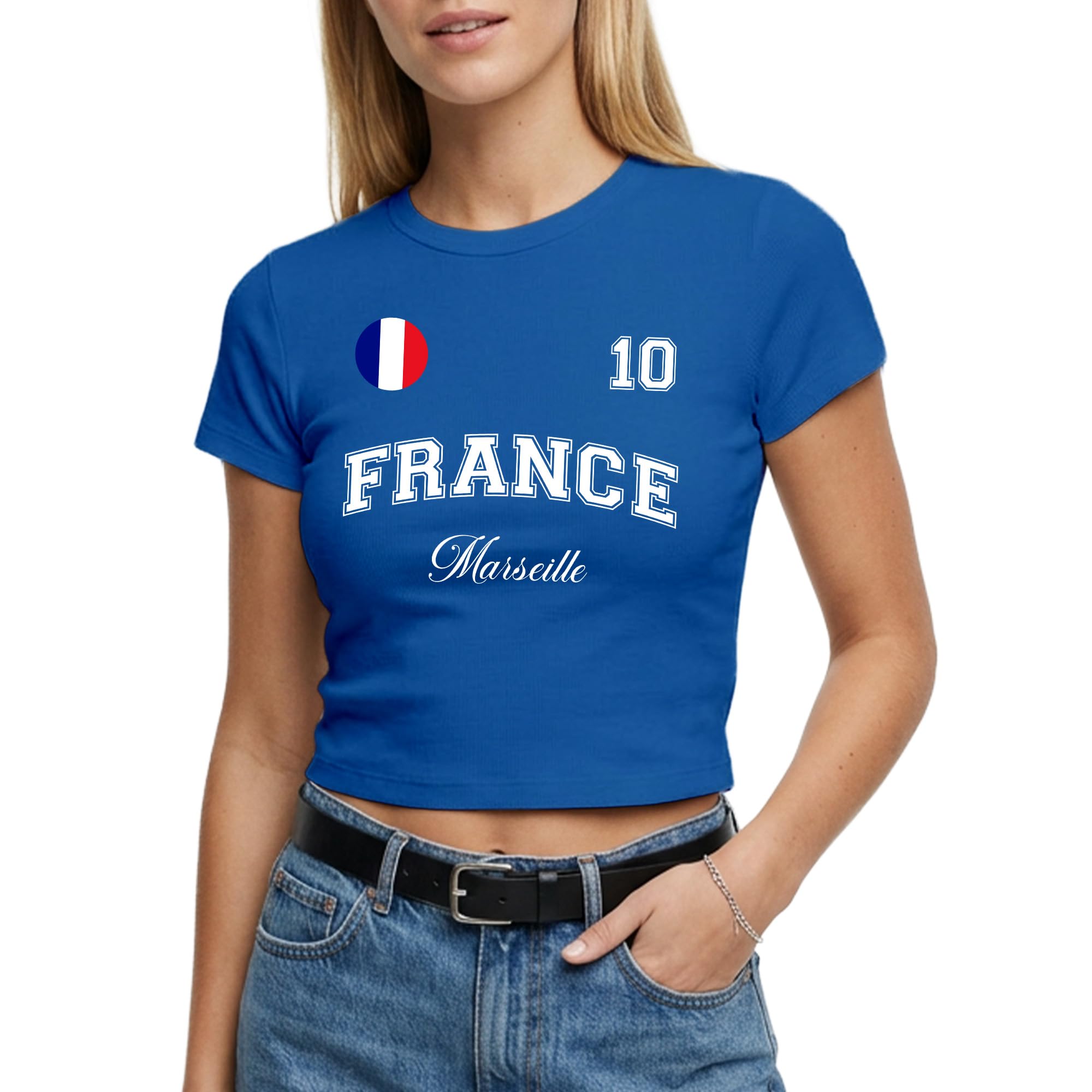 France Womens Baby Tee - Custom City Name Number Badge Short Top - French Football Crop Tshirt Fan, S, Royal — image 1
