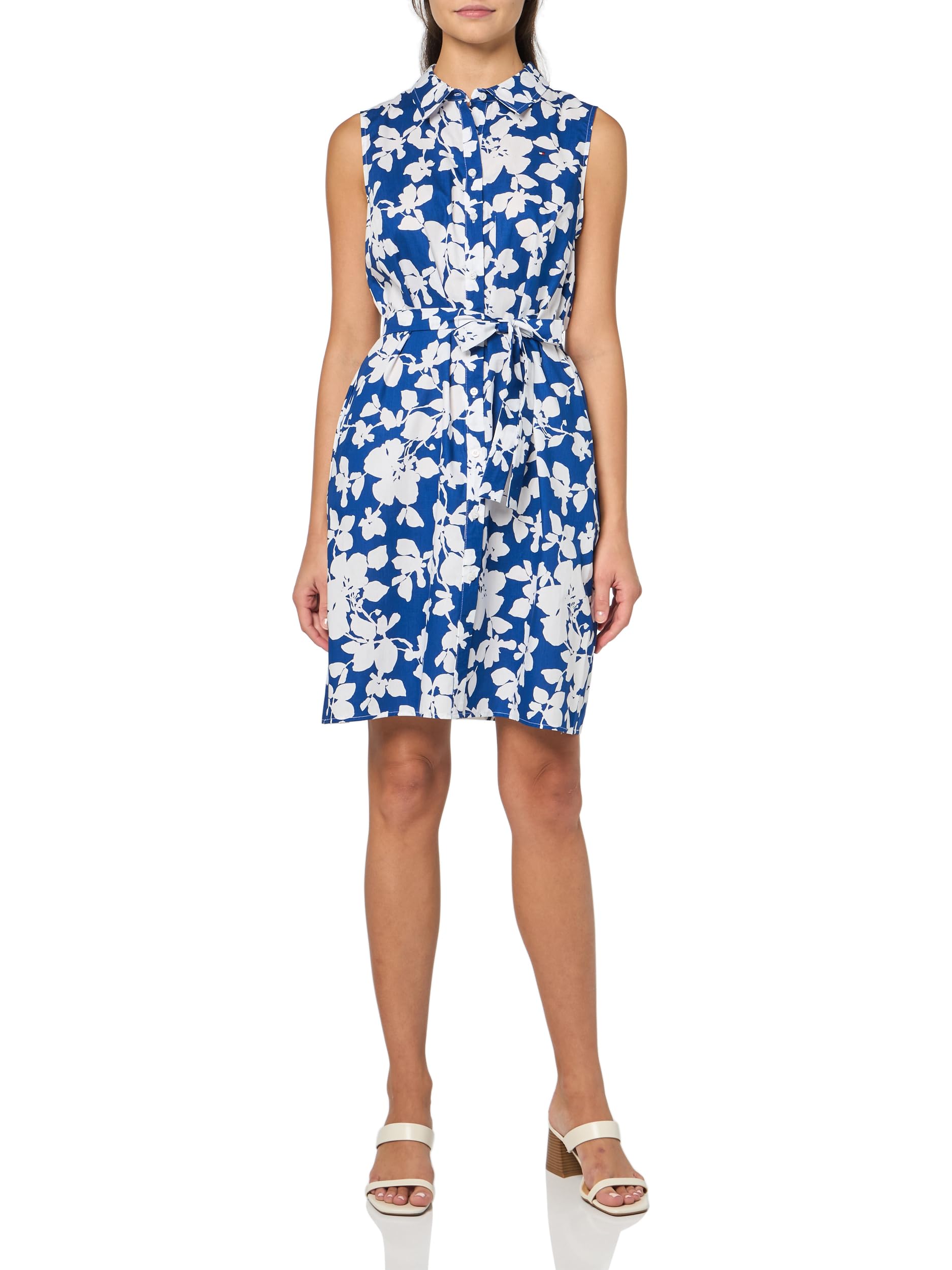 Tommy Hilfiger Women's Sleeveless Collared Button Front Tie Waist Mini Shirt Dress