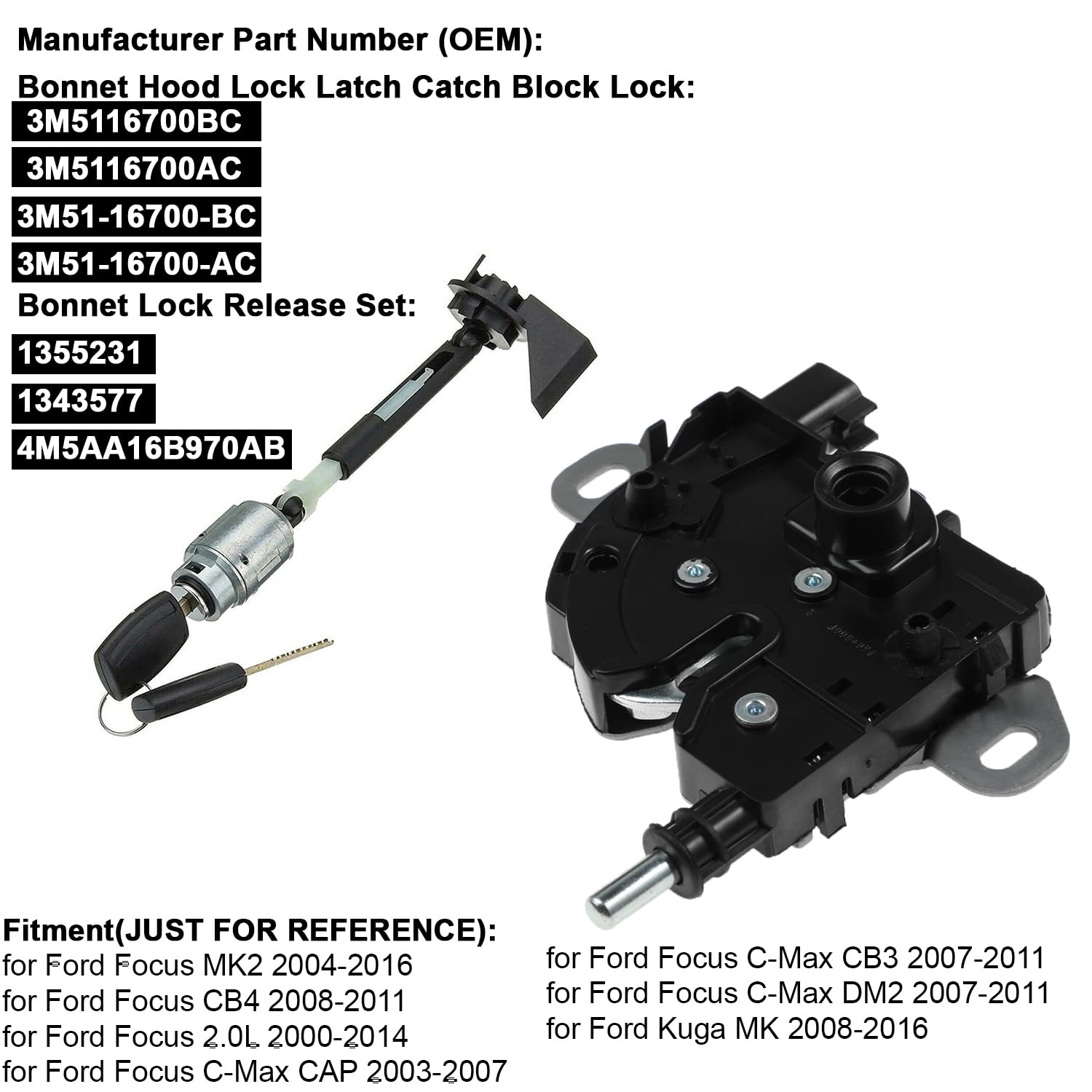 YAOPEI Set di riparazione per blocco di chiusura del cofano per Ford Focus MK2 C-MAX Kuga 1355231 3M5116700BC