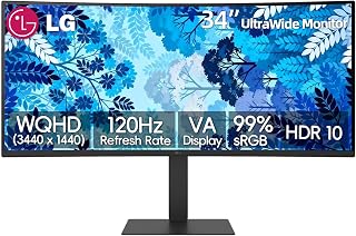LG 34 Inch UltraWide Curved Monitor, WQHD(3440 x 1440), VA Display, 120Hz, 5ms, HDR10, 99% s RGB, Reader Mode, DisplayPort & HDMI, Tilt/Height/Swivel Adjustment, Black