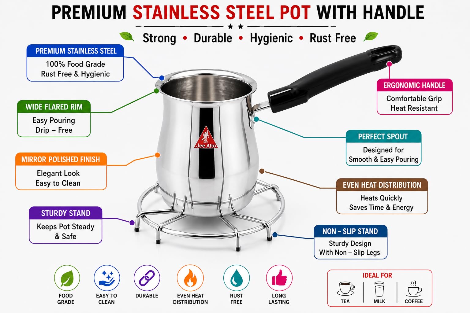 JEE ALTO Stainless Steel Tea Coffee Warmer Pot with Handle and Stainless Steel Gas/Stove Stand_470ML 1