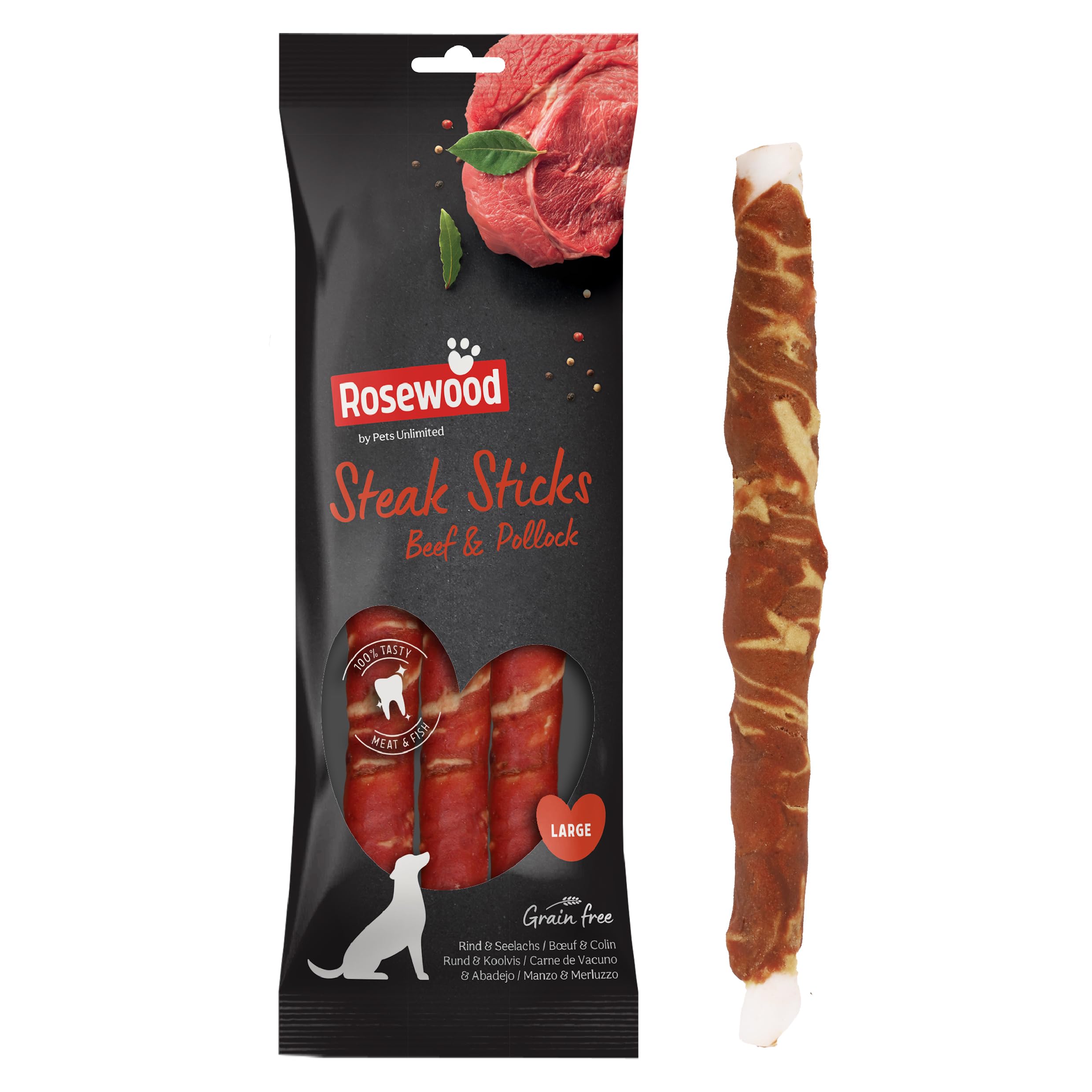 Rosewood Large Steak Sticks for Dogs - Made with Beef and Pollock, Grain Free Chews, High Protein Dog Treats, By Pets Unlimited (240g)