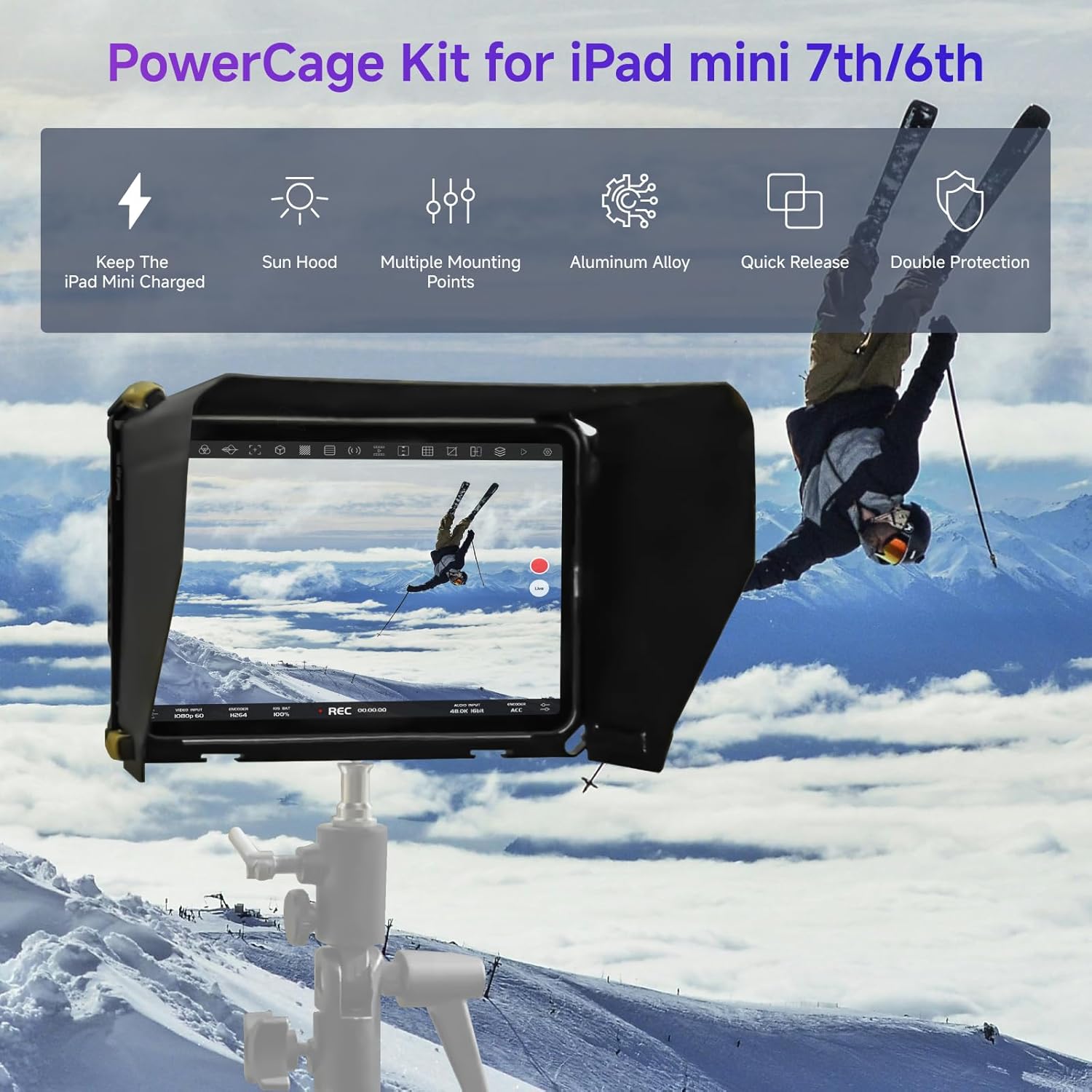 Accsoon PowerCage Mini Cage for iPad mini 6/Mini 7(A17 Pro) iPad Tripod Mount with NP-F Battery Plate Adapter& Sun Hood, Use with SeeMo Series CineView for Video Monitoring/Livestreaming