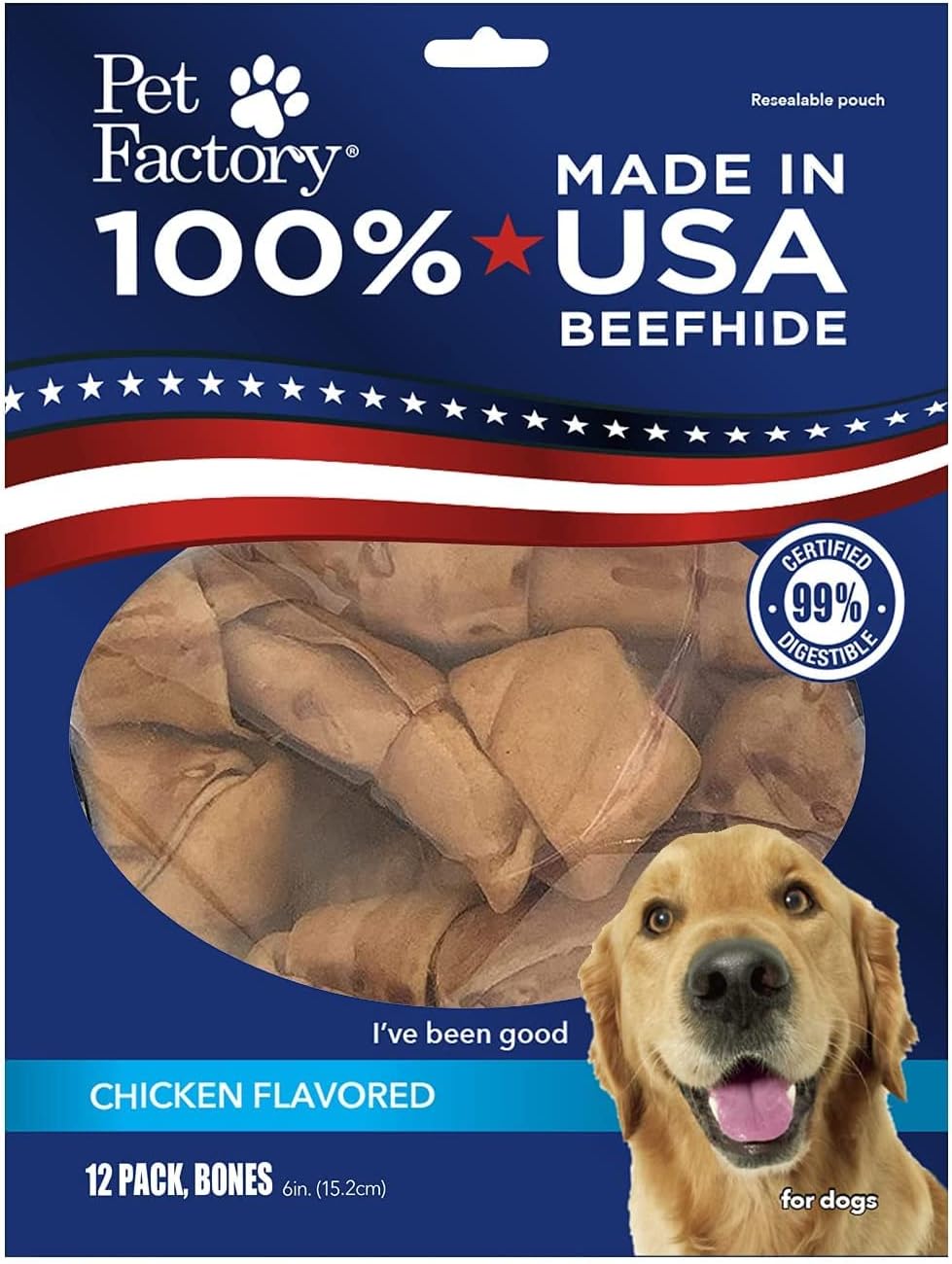 Pet Factory 100% Made in USA Beefhide 6" Knotted Bones Dog Chew Treats - Chicken Flavor, 12 Count/1 Pack