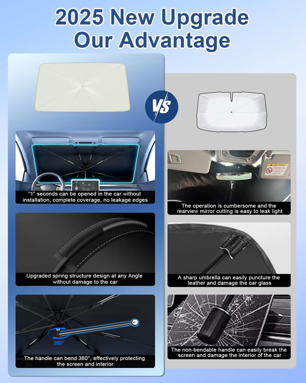 helloleiboo [2025 Upgraded] Car Windshield Sun Shade Umbrella 61"x 34" Windshield Sun Shade Foldable 5-Layer Thickened Vinyl Coating Reflective Polyester Blocks Heat & UV Rays for Large Car Truck SUV