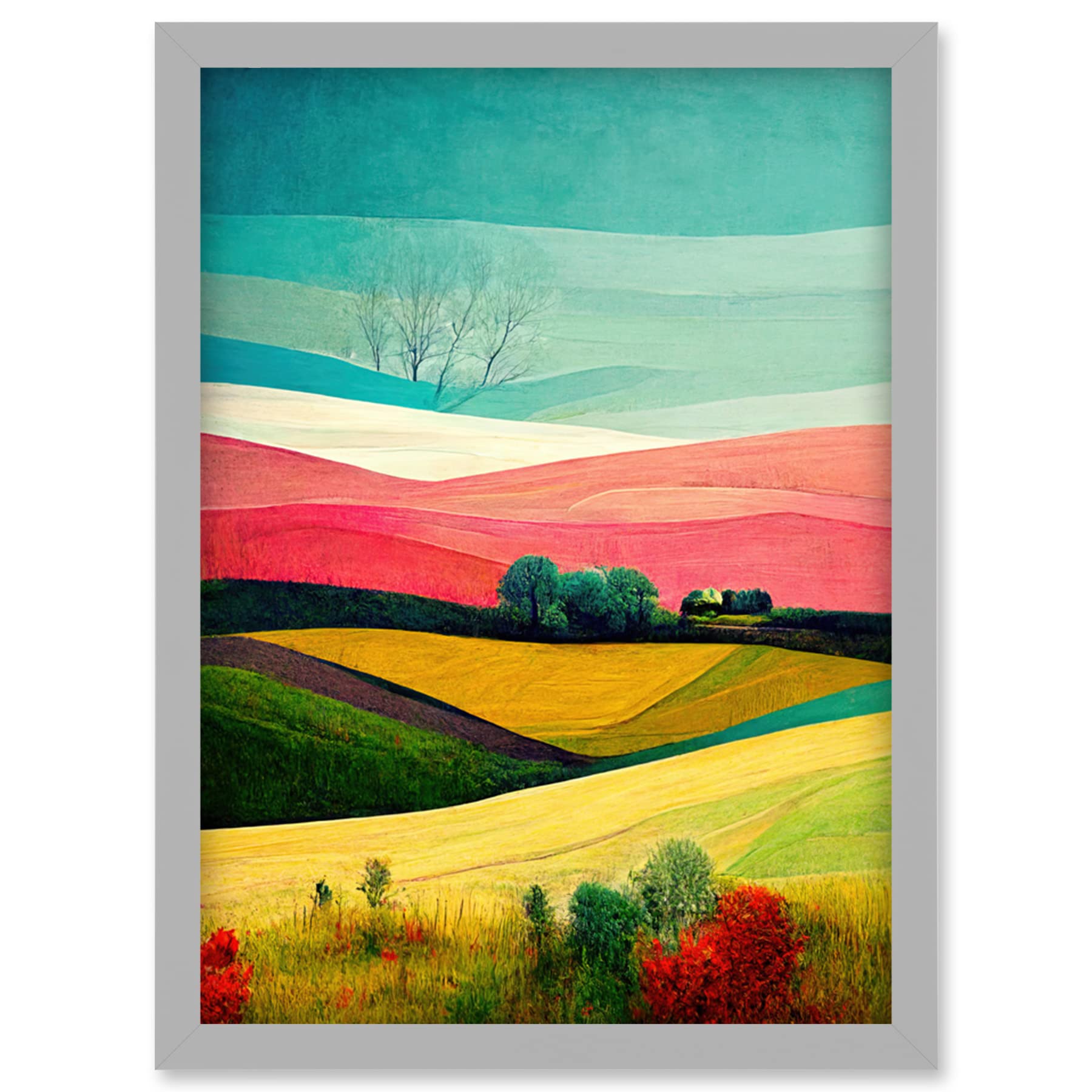 Doppelganger33 LTD Four Seasons Colourful Modern Country Landscape Painting Artwork Framed Wall Art Print A4
