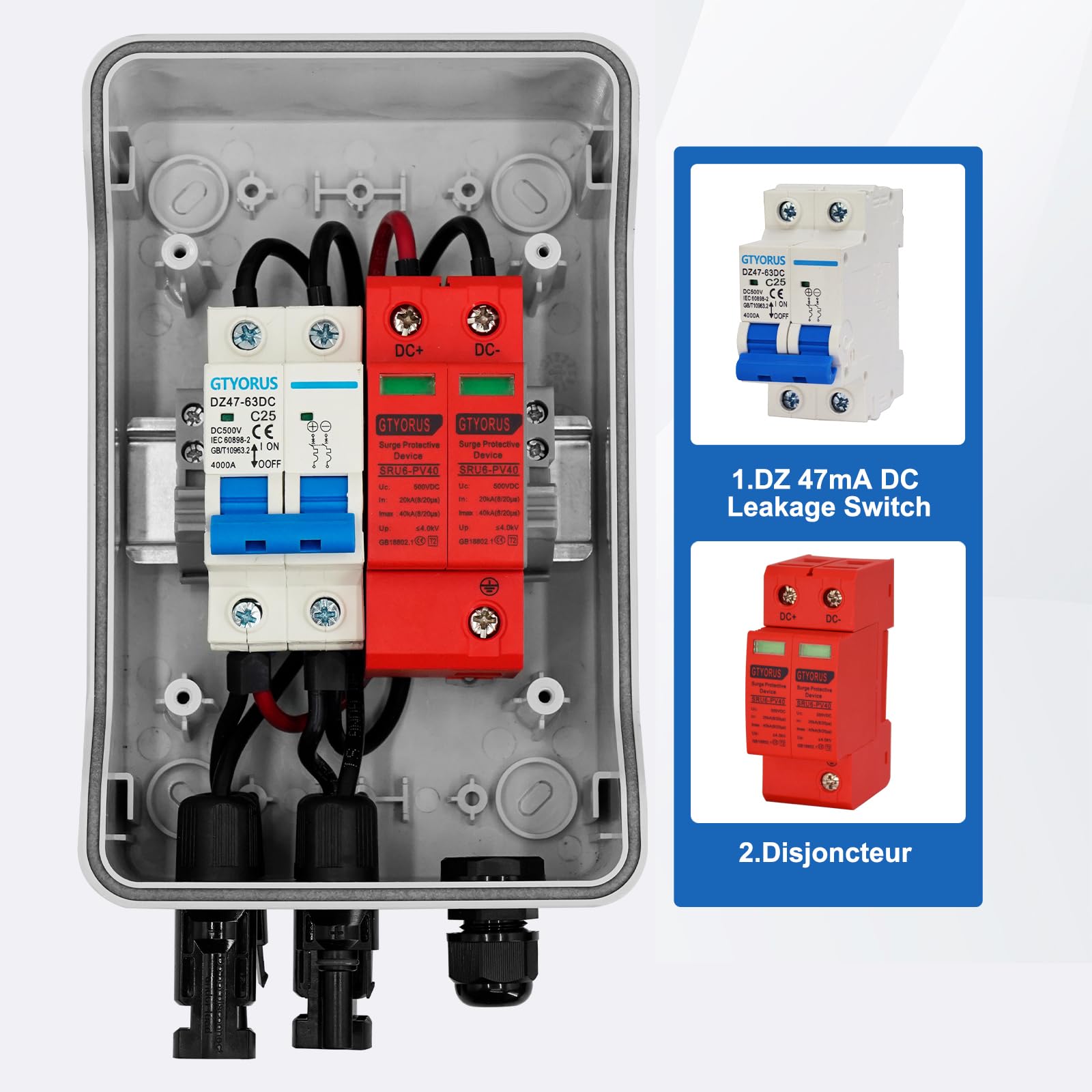 Scatola di Giunzione Solare, Protezione Contro Le Sovratensioni IP65, Interruttore Fotovoltaico 1 Stringa DC 500 V Con Spina Solare (1 in 1 Uscita, 25A)