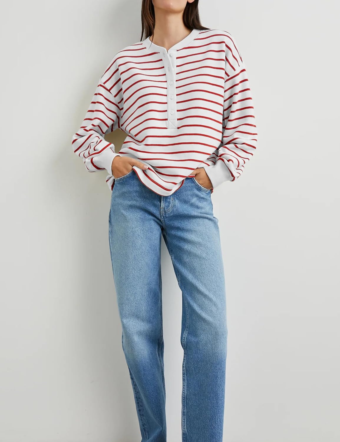 Womens Striped Sweatshirt Oversized Half Button Down Tops Crewneck Pullover Casual Long Sleeve Shirts - Image 5