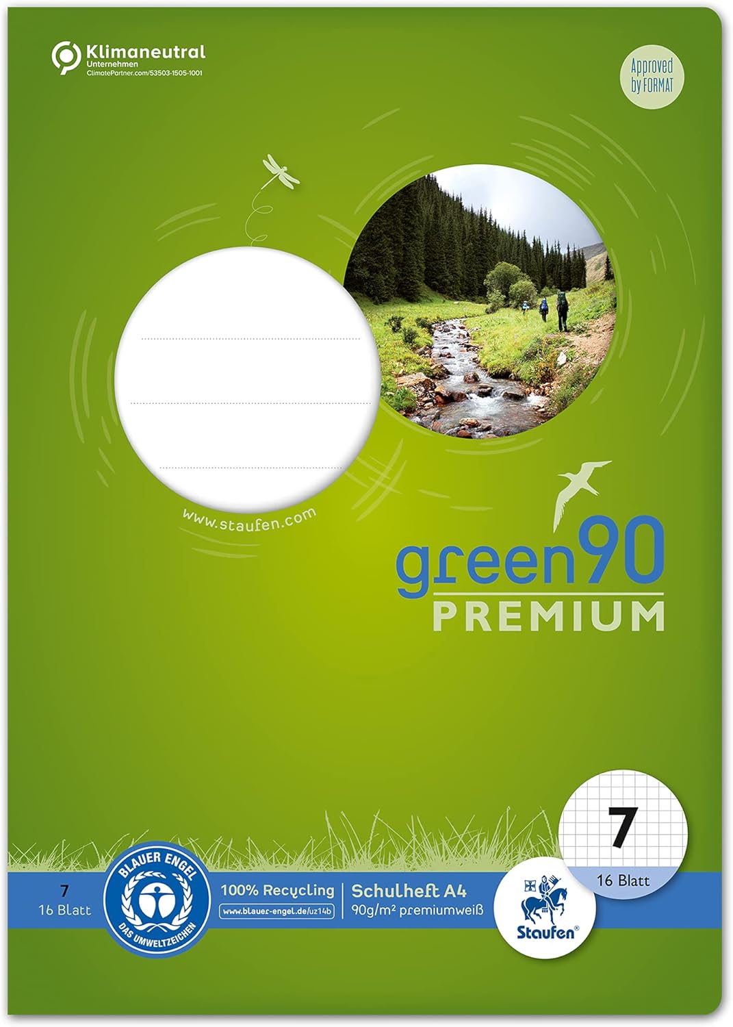 Staufen Green notebook - DIN A4, line style 7 (7 mm lined), 16 sheets, premium white 90 g/m² recycled paper, round corners prevent donkey ears, 4 different designs (no choice possible), 1 piece