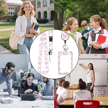 ID Card Holder with Ribbon Bow Tie Pattern Extendable Key Ring Badge Holder Cute Lanyard with Carabiner Card Holder with Strap for Teachers Nurses Doctors Students (Pink)