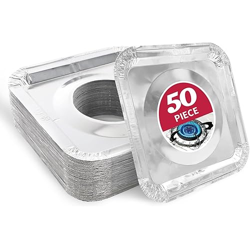 50pc Aluminum Gas Stove Burner Covers -Thicker Foil Square Burner Liners - Disposable Gas Range Protectors, 50 Pack（Outer diameter: 8.5 x 8.5 inch）