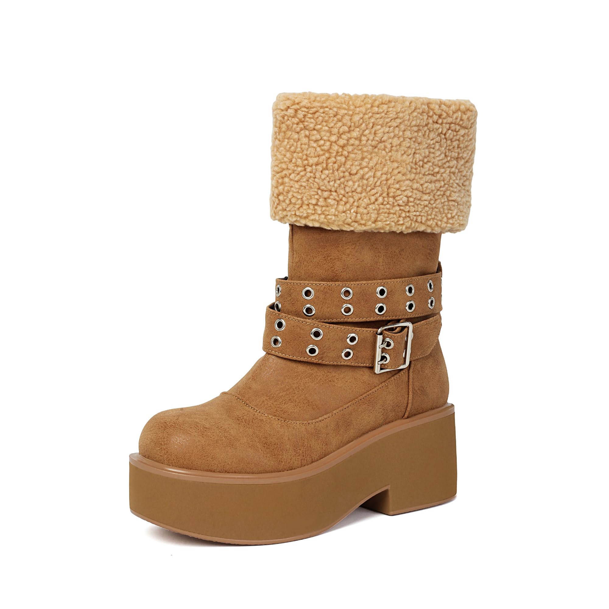Womens Cuffed Flat Platform Thick Heel Buckle Strap Mid Calf Snow Boots