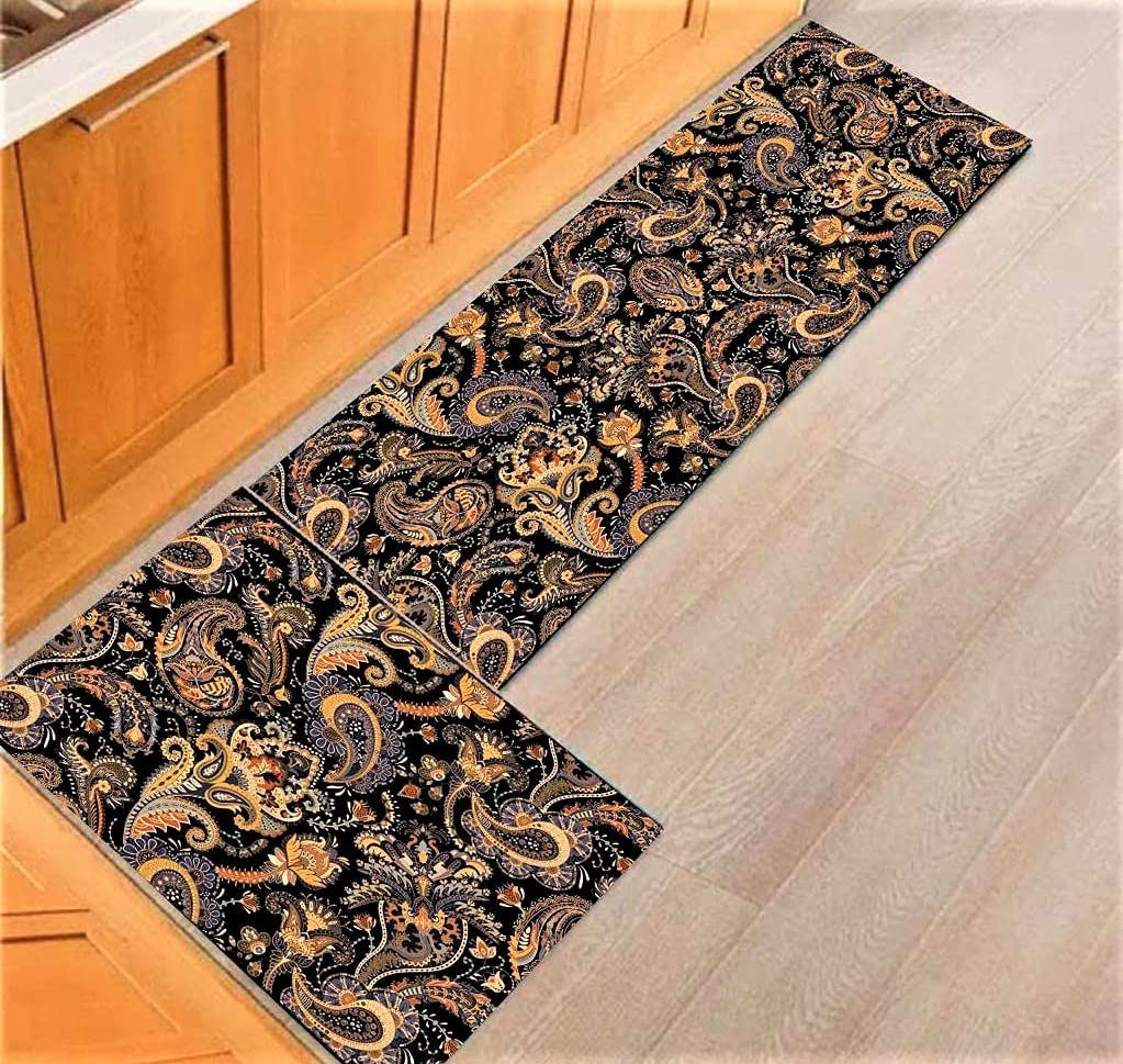 Whizz Homes Microfiber Ultra Thin Washable Printed Kitchen Floor Mats and Runner with Anti Skid Latex Backing (Brown, 18 x 55 inch Runner, 17x 25 inch Mat) - Set of 2. (Whizz15)