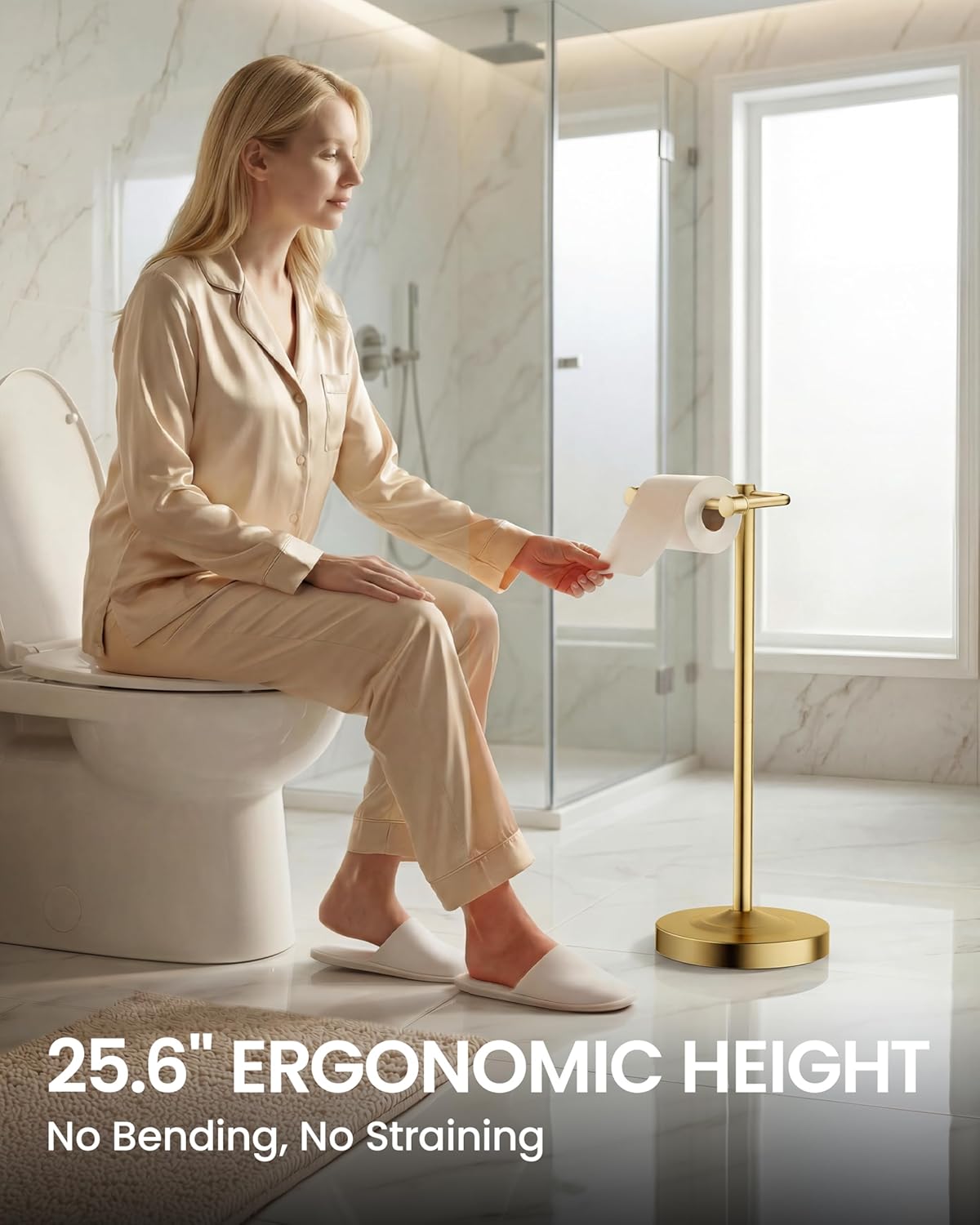 Freestanding Toilet Paper Holder Stand, 4.57 LB Weighted Base Toilet Paper Stand with Pivoting Arm, 304 Stainless Steel Floor Toilet Roll Holder No Drilling, 25.6 Inch, Gold