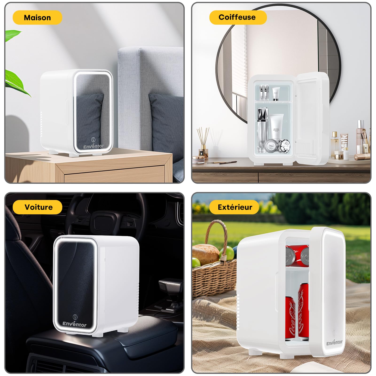Enventor Mini Frigo avec miroir lumineux LED, 6L/8 canettes, Blanc | Petit Frigo pour soins de la peau, CA + 12V CC, refroidisseur et réchauffeur, pour chambres, voiture, cosmétiques