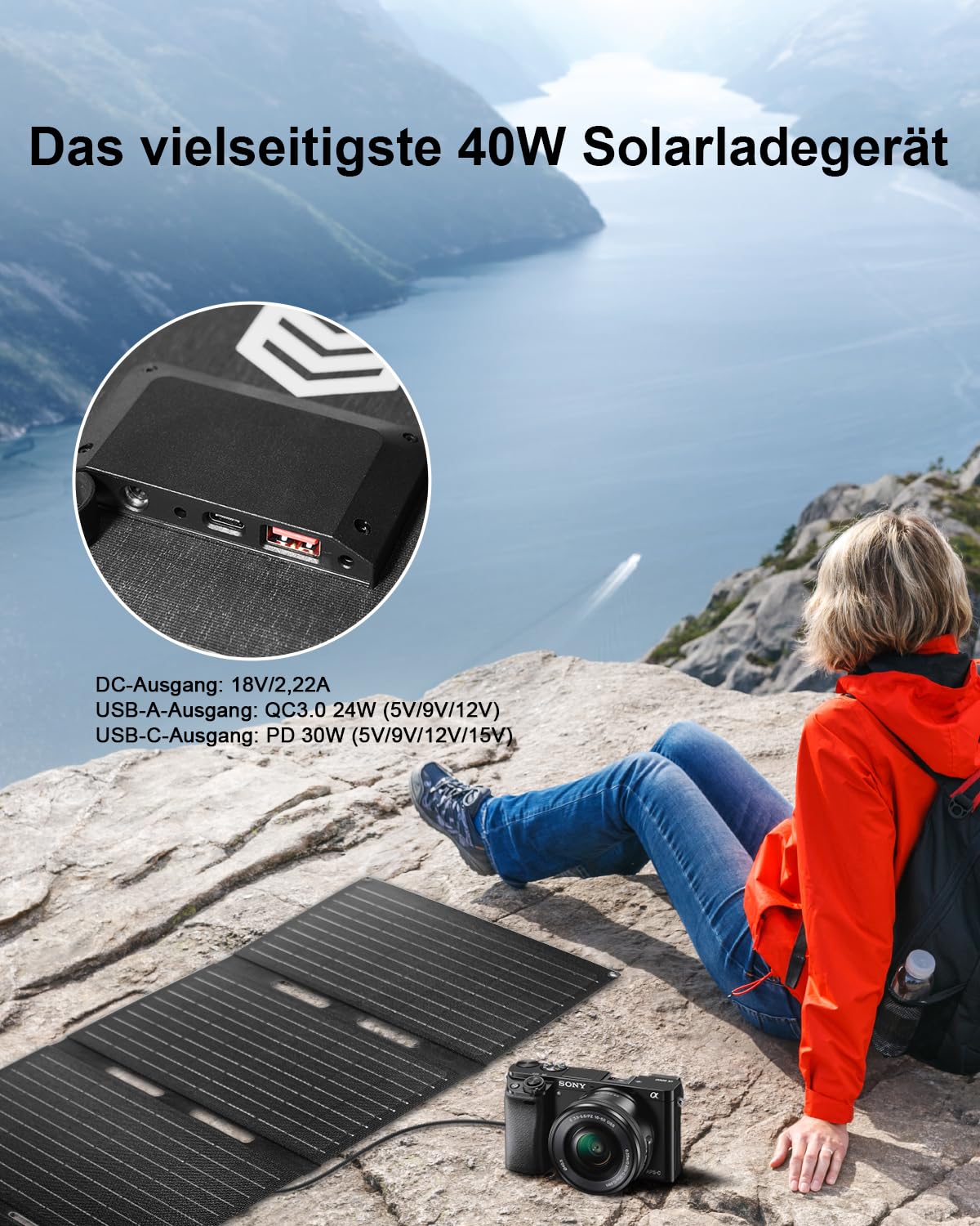 ELECAENTA 40W ETFE Solar Ladegerät Faltbar Solarmodul 3-Port, 18V DC/USB/USB-C PD30W, Tragbare Solarpanel Ladegerät IP68 Wasserdicht für iPhone, Andriod Handy, Tablets, Powerstation
